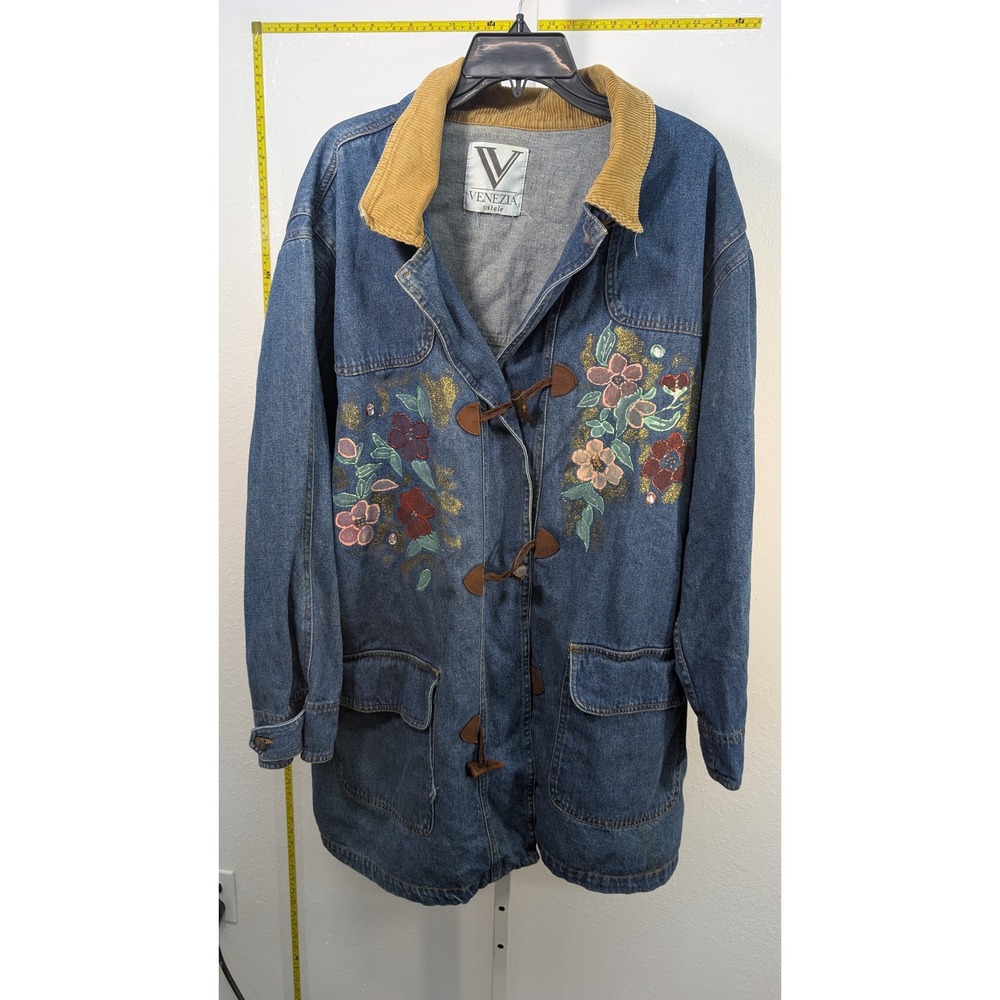 Venezia Vitale Denim Jacket Floral Painted Toggle Button‎ Corduroy Collar Blue